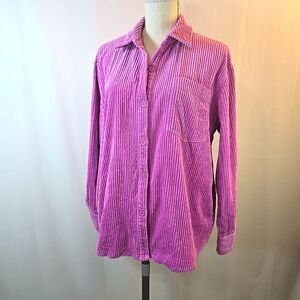 Anniewear Womens Sz L Pink Wide Wale Corduroy Button Up Jacket Shirt 100% Cotton